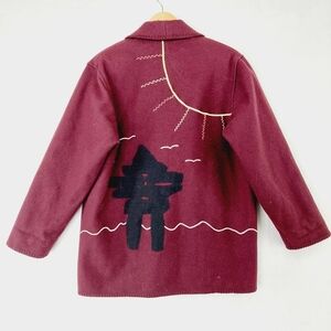 Ivalu Women's Red Black Inukshuk Applique Button V Neck Wool Coat Z46